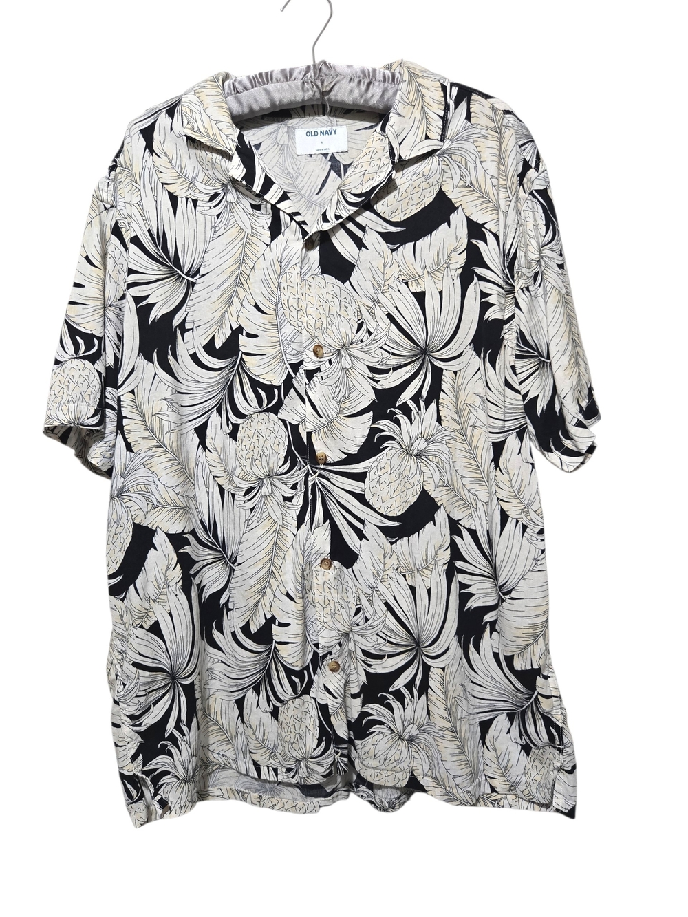 Vintage Style Men's Hawaiian Camp Shirt Black Cream Pineapple Tropical Leaf Casu